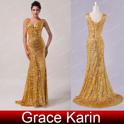 Grace Karin Novo Brilhante Sequins Vestidos de Noiva de Ouro V profundo pescoço Long Vestido de Vestido Formal Sexy CL6052