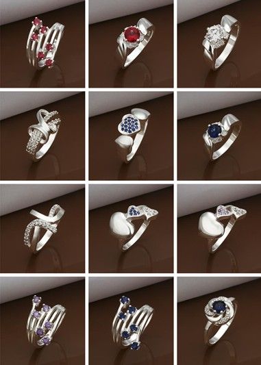 Venta CALIENTE de plata de ley 925 Multi Styles encantos anillos de cristal borde de piedra anillos tamaño 8 estilos mixtos 50 unids / lote