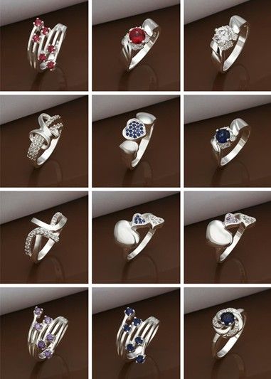

HOT Selling 925 Sterling Silver Multi Styles Charms Rings Crystal band edge stone Rings Size 8 Mixed Styles 50pcs/lot