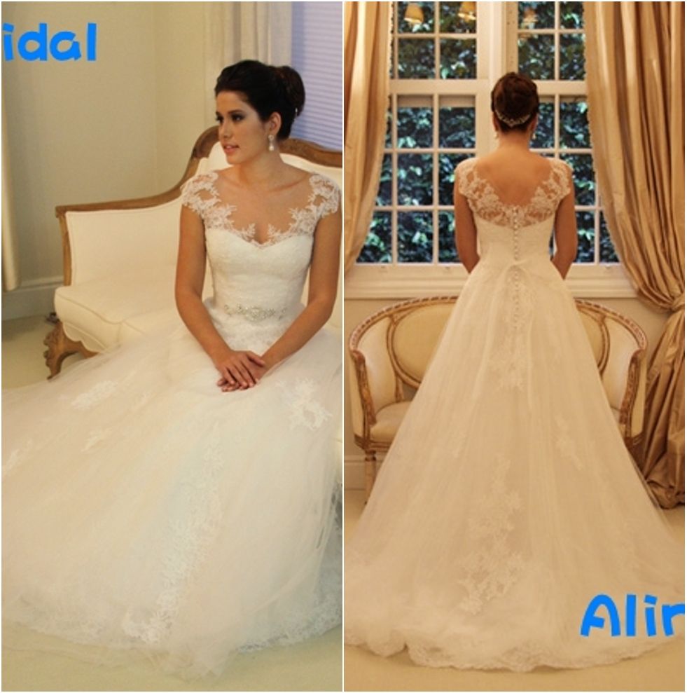 

lace wedding dresses white scoop sheer capped sleeve a line chapel train beaded sash lace bridal gowns wanda borges vestidos de noivas, Custom made