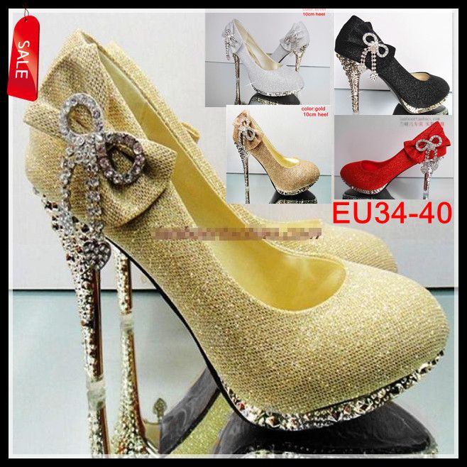 Argent Or Noir Rouge Couleur Étanche Diamant Arc Éblouissant Talons Hauts Chaussures De Mariage Chaussures De Mariée 5 Couleurs EU34 à 40 ePacket Livraison Gratuite