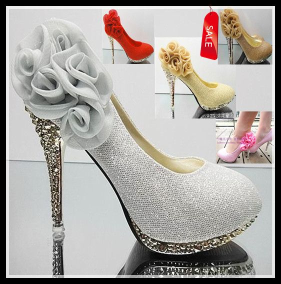 

Sexy Shinning Glitter High Heels Shoes Pink Yellow Gold Red Silver Flower Wedding Bridal shoes 5 Colors EU34 to 40 ePacket Free Shipping, Silver 6 flowers 10cm heels
