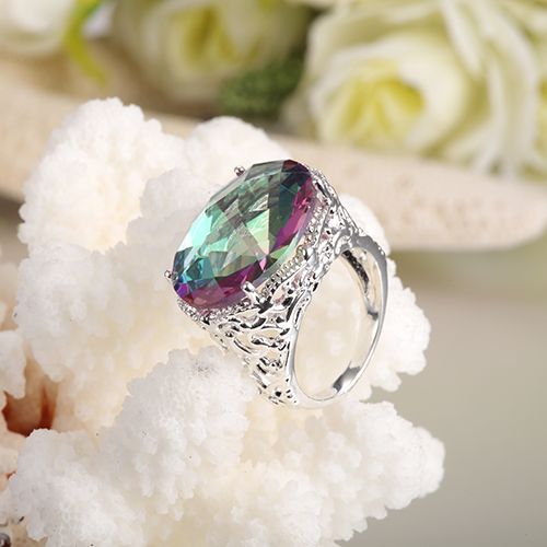 Le plus récent dernier style pour les femmes bague colorée bijoux en argent sterling 925 plaqué ovale arc-en-ciel feu topaze mystique gemmes argent Rings230s