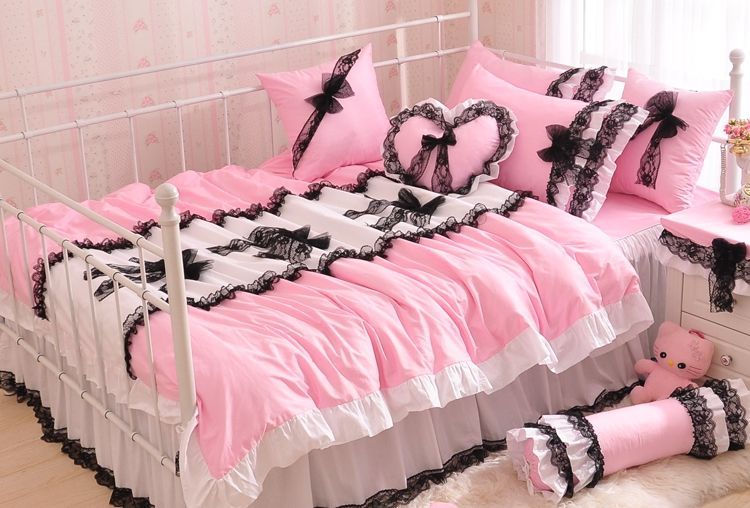 Korean Style Black Lace Bedspread Pink Princess Bedding Set Queen