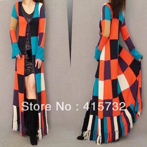 Free Shipping 2020 New Fashion Long Floor Length Knitted Sweater Cardigan For Women Plaid Geometrical Outerwear With Tassel Trench Outerwear