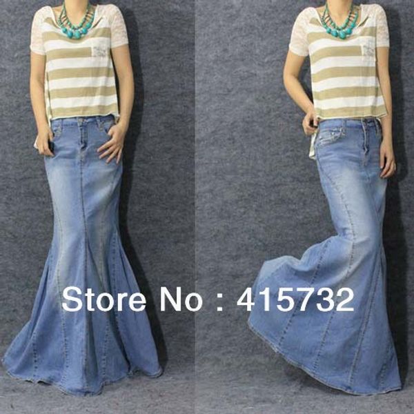 

Free Shipping 2018 New Fashion Long Maxi Denim Blue Skirts For Women Mermaid Style Fish Tail Jeans Plus Size S- XL Skirts With Slit Stretch
