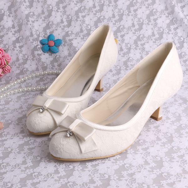 Low Heel Bow Shoes Ivory Color Fabric Lace High Quality Party Evening