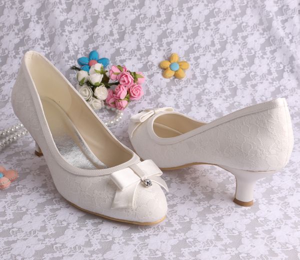 Low Heel Bow Shoes Ivory Color Fabric Lace High Quality Party Evening
