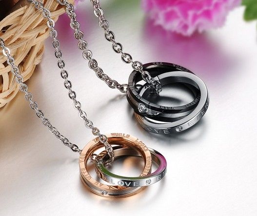 Fashion Couple Jewelry n831 A pair 316L Stainless Steel Eternal Love Couples CZ Rings Pendant Promise Necklace