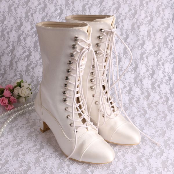 New Winter Womens Fashion Low Heel Satin Boots Cross Lace Up Wedding ...