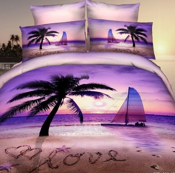 3d Purple Love Beach Comforter Bedding Set Queen Romantic Duvet