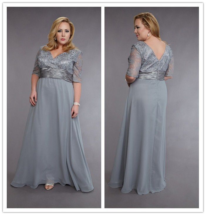 2015 Silver Plus Size Mother Of The Bride Dresses With Sleeves V Neck ...