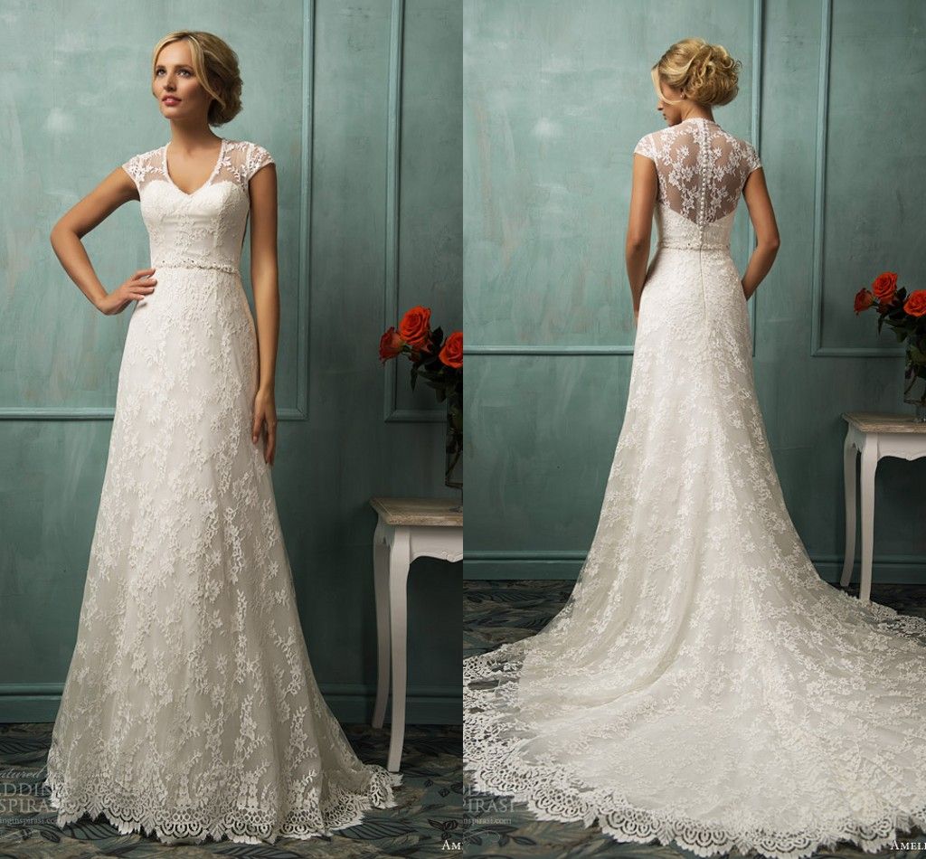 2014 Elegant V Neck Wedding Dresses Sheath Lace Cap Sleeve Chapel Train