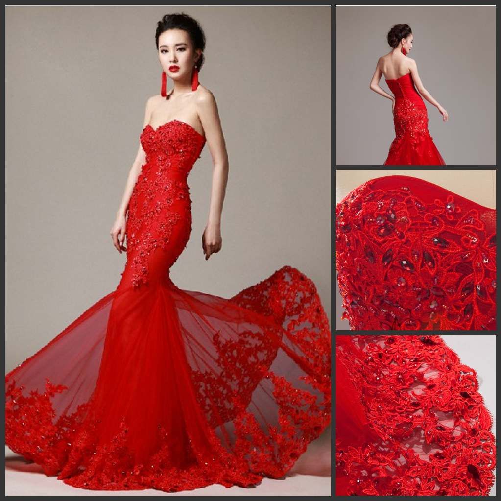 Lace Red Wedding Dress Custom Mermaid Strapless Sweetheart