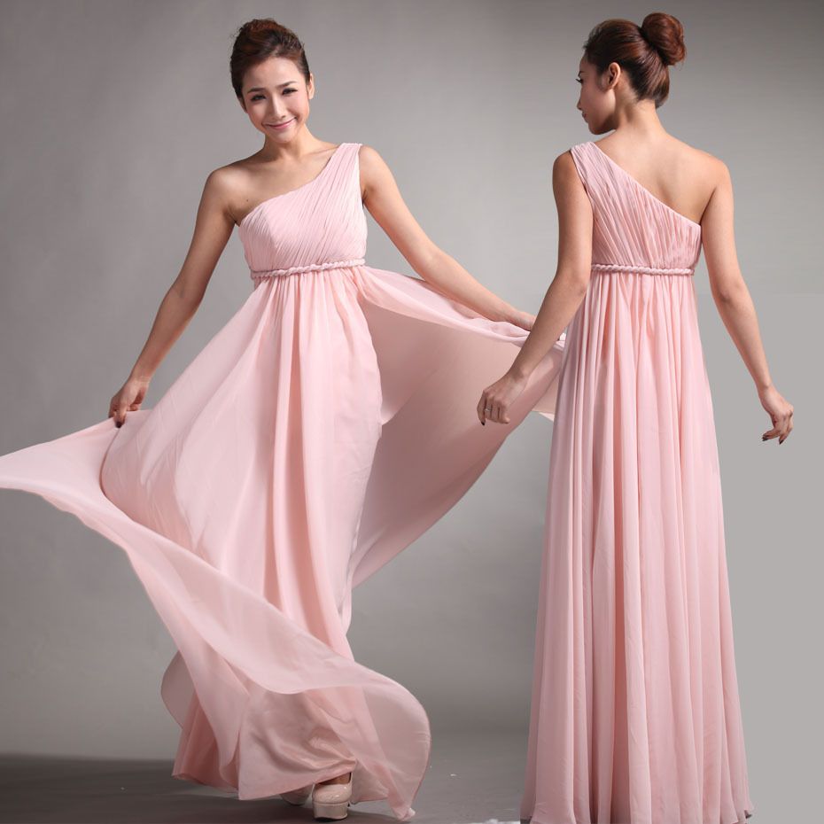 Vestidos de dama de honra doce princesa estilo grego deusa um ombro nu cor-de-rosa vestido vestido plissado desconto vestidos de baile