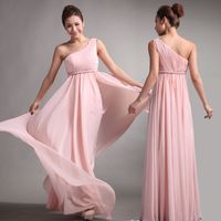 Bruidsmeisje jurken zoete prinses Griekse stijl godin one-shoulder blote roze feestjurk plooien korting prom dresses