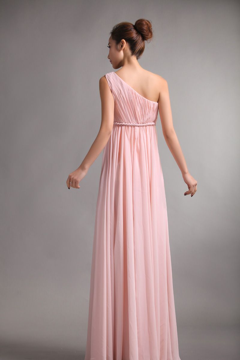 Brautjungfernkleider, süße Prinzessin, griechischer Stil, Göttin, One-Shoulder, nacktes rosa Partykleid, Falten, Rabatt-Abschlussballkleider