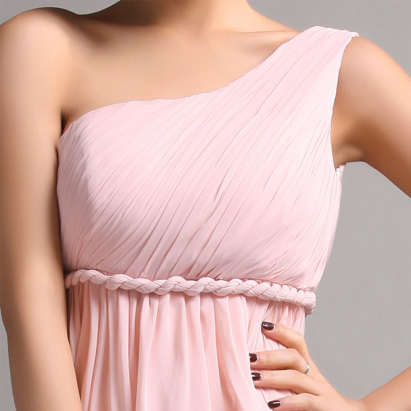 Brudtärna klänningar söt prinsessa grekisk stil gudinna en-axel bara rosa party klänning pläter rabatt prom klänningar
