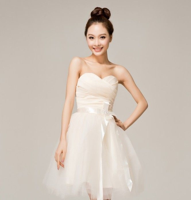 High quality and inexpensive Simple Strapless Ribbon Satin and Organza short Prom dress Bridesmaid Dress