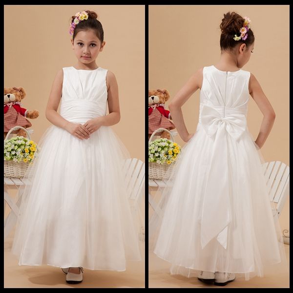 Ivory Jewel Neck Flower Girl Dresses Ruched Satin And Tulle Ball Gown