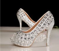 Envío gratis Rhinestone Peep Toe Crystal zapatos de novia de tacón alto zapatos de vestir de novia de plata mujer del club nocturno del banquete de fiesta zapatos de vestir