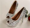 Free Shipping Rhinestone Peep Toe Crystal High Heel Wedding Shoes Silver Bridal Dress Shoes Woman Nightclub Party Banquet Dress Shoes
