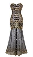 Angel-Fahions Women Sleeveless Sweetheart Sequins Embroidery Lace Gold Long Sheer Flapper Gatsby Prom Gowns Illusion Party Dress 042