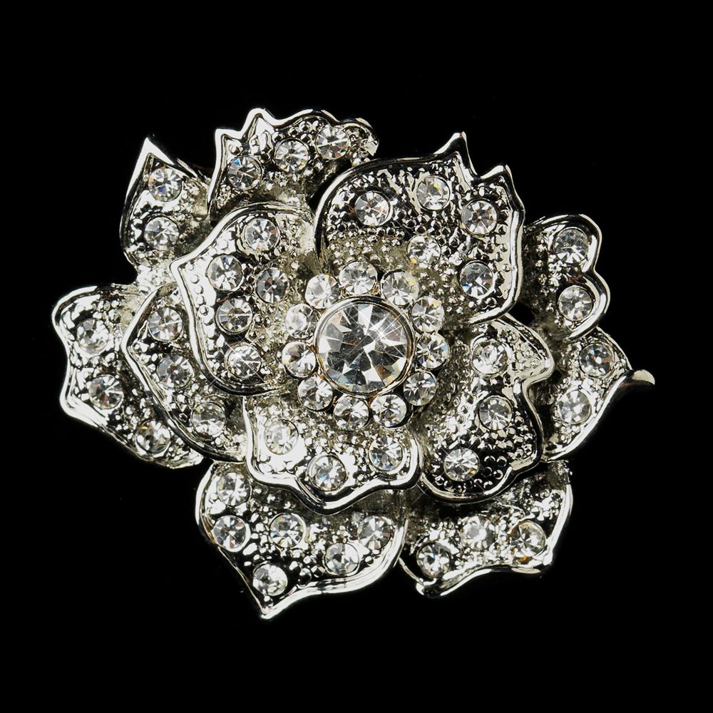 1.5" Rhodium Silver Plated Clear Rhinestone Diamante Flower Wedding Brooch