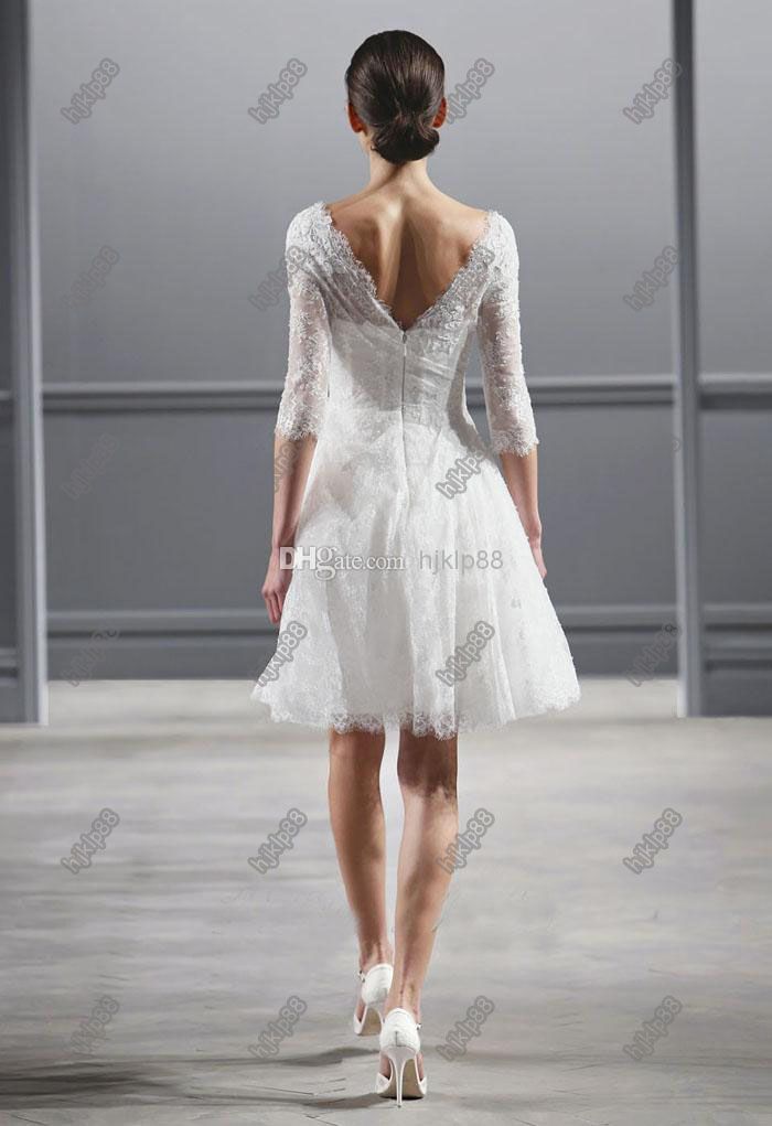 Иллюзия Бато шеи 3/4 рукава Моник Lhuillier весна 2014 короткие свадебные платья длиной до колен пляж спинки свадебное платье маленький белый
