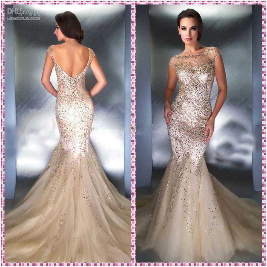 2014 New Fashion Illusion Neck Mermaid Sweep Train Sheer Tulle Prom ...