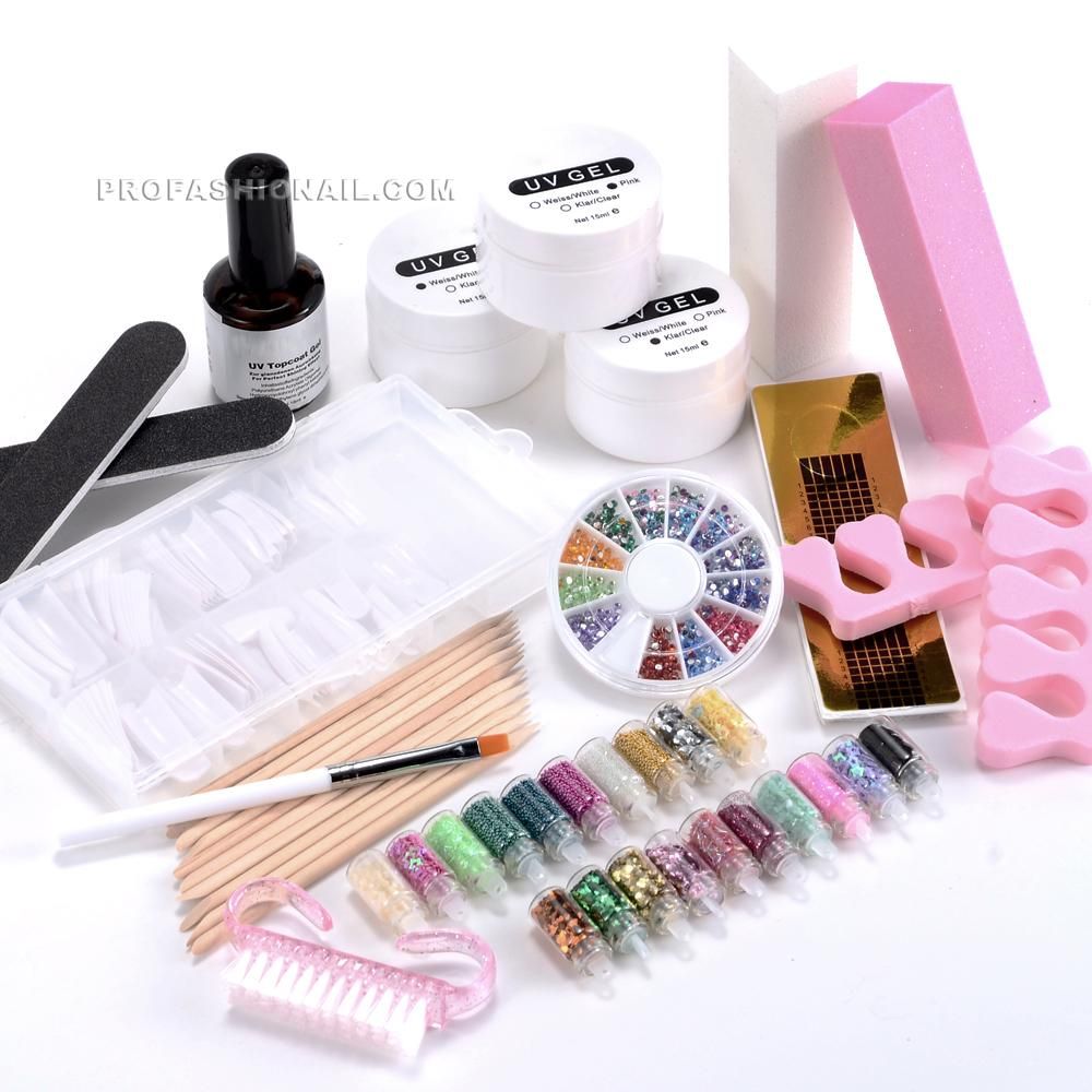 Nail Art Full Set Acrylic Color UV Gel Kit Nail Tips Brush Glitter