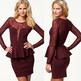 Free Shipping Hot Women's Clubwear Sexy Lace Patchwork Cocktail Party Long Sleeve Peplum Full Dress Lady's Casual Dress Black/Dark Red