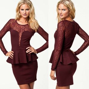 Frete grátis hot clubwear das mulheres sexy lace patchwork coquetel manga longa peplum completo dress lady casual dress preto / vermelho escuro