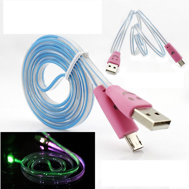 1M 3FT Visible LED Lighting Up bling MICRO USB FLAT Charger Sync Data cable for samsung galaxy S4 S3 note 2 Android phone mini 