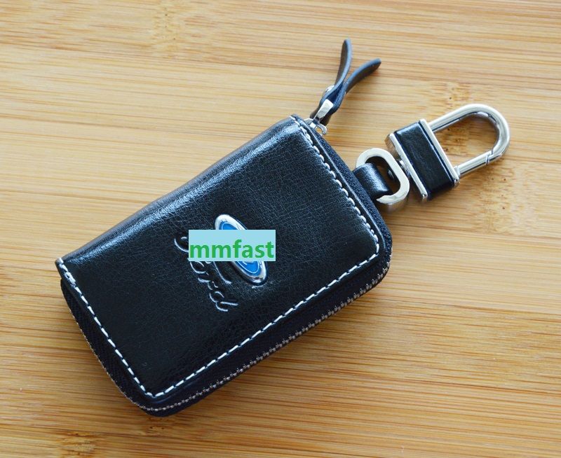 New Genuine Leather Car Key Case Hold Cover & Alloy Keychain For Ford