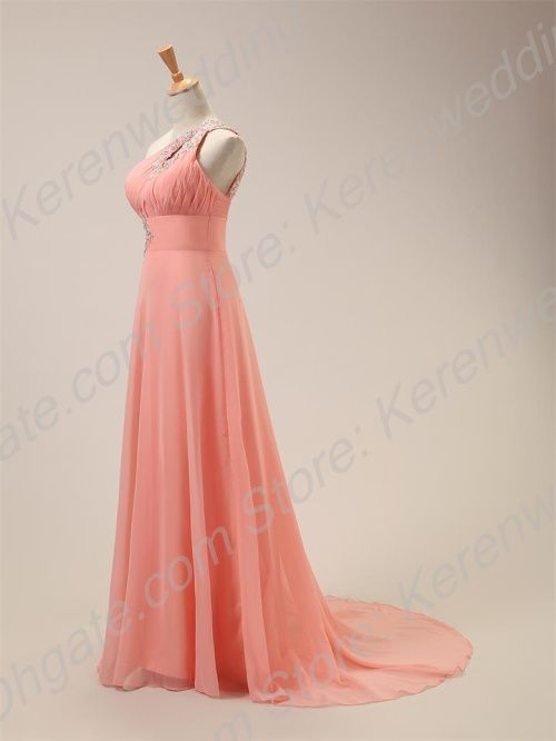 One Shoulder Long Chiffon Prom Dresses 2015 Hot Sale Crystals Beaded