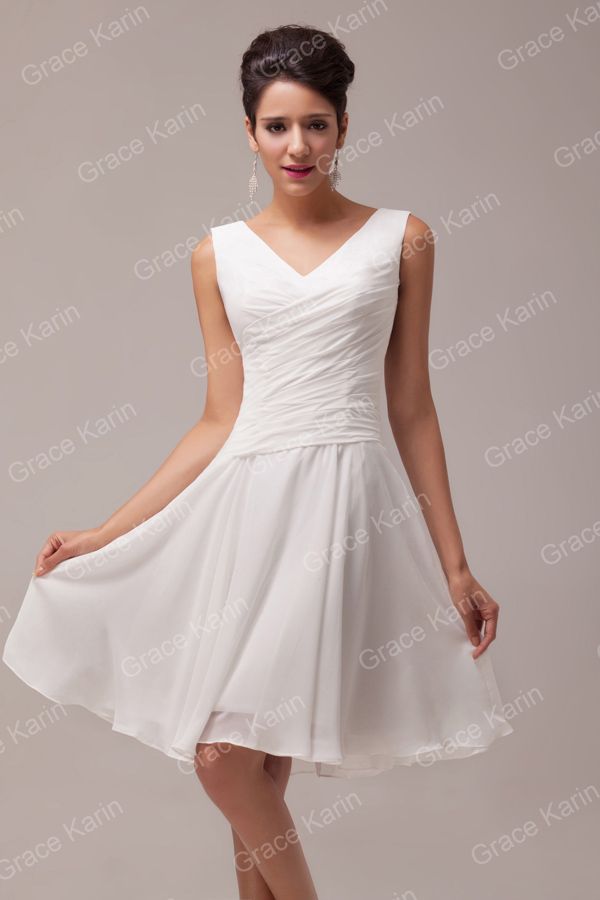 Elegant Women Short White Bridesmaid Dresses Deep V Neck A Line Chiffon ...