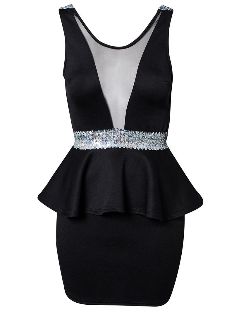Hot Women's Sexy Clubwear Cocktail Party Dresses Sequin Round Neck Peplum Ruffled Backless Bodycon Dress Lady's Black Dress