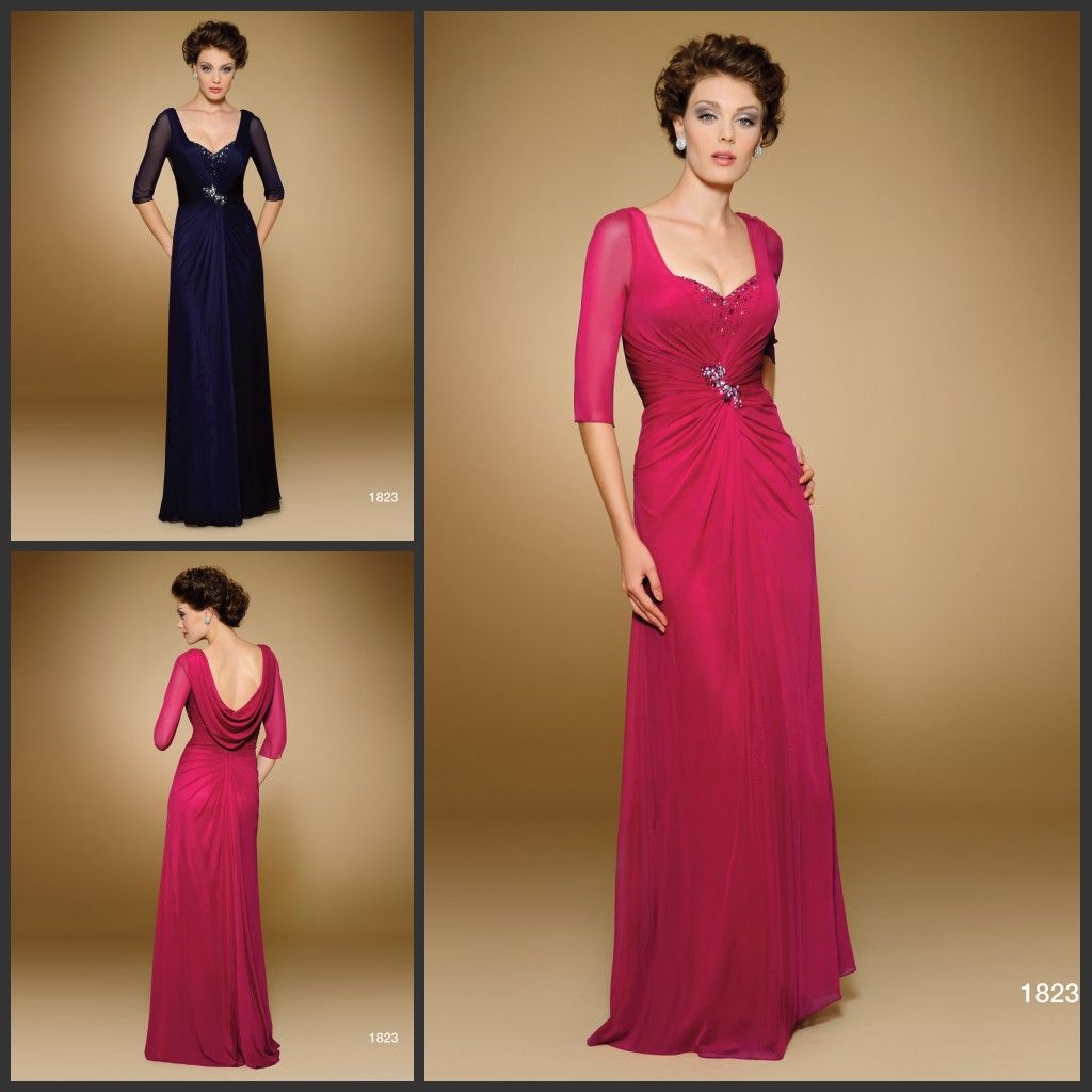 A Line Half Sleeves Scoop Beading Chiffon Ruffles Full Length Womens