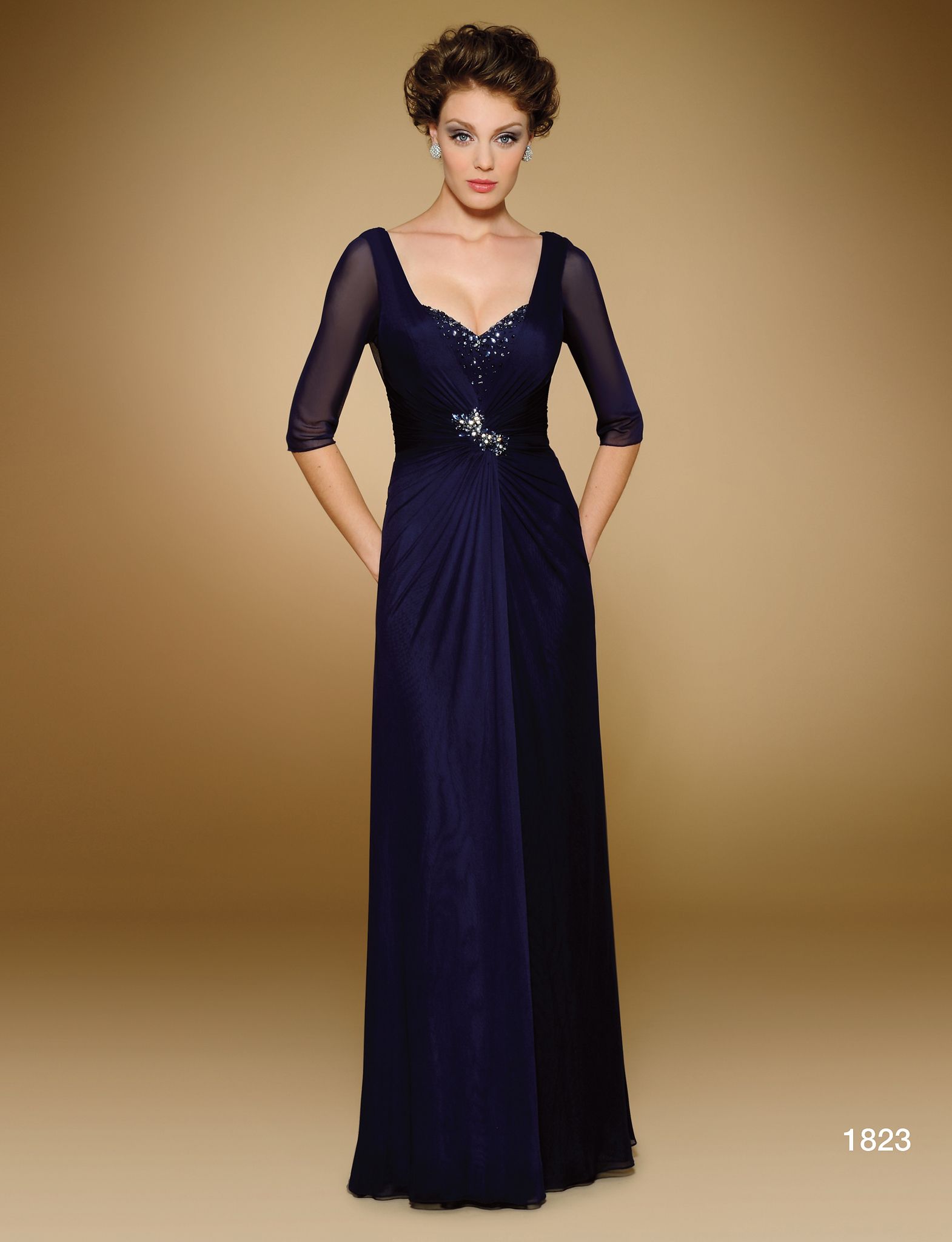 A Line Half Sleeves Scoop Beading Chiffon Ruffles Full Length Womens