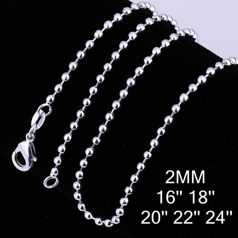 

Mixed size orders 925 silver plated 2MM beads Chain Necklace (16-24inches) Fashion Jewelry Free Shipping 50pcs/lot