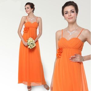 Custom made Orange Floor-Length High Waist Spaghetti Strap Hand Made Flower Maternity A-Line Pargent Homecoming/Bridesmaid Dress