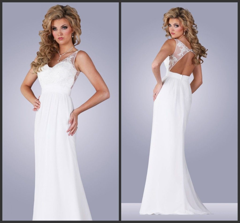 2014 White Lace Floor Length A Line Wedding Dresses Sleeveless V Neck ...