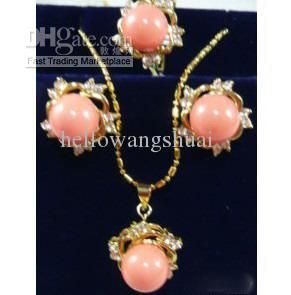Rosa Coral Crystal Flower Pendant Halsband Örhängen Ring / Ädelsten Smycken Sets