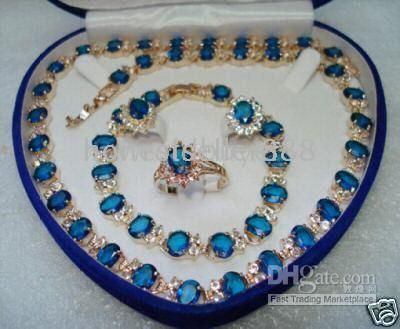 Wholesale cheap 18kt Yellow gold Sapphire Necklace Bracelet Earring & Ring set