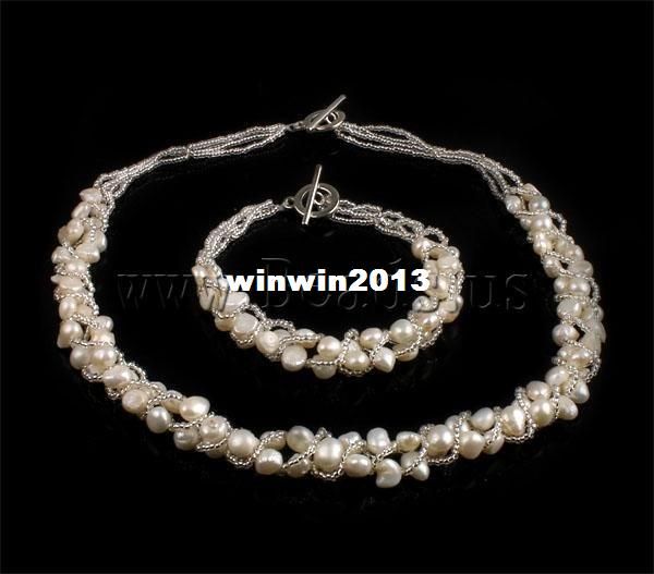 

FREE SHIPPING Wholesale Lot Necklace & Bracelet White Natural Freshwater Pearl With Glass Seed Beads Wedding Bride Jewelry Set, Mixed colors