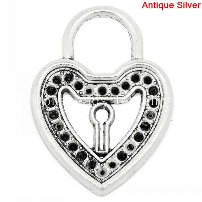Charm Pendants Heart Lock Antique Silver(Can Hold ss12 Rhinestone) 5.1cm x 3.7cm,10PCs (K03802) lover gifts-image-180958902