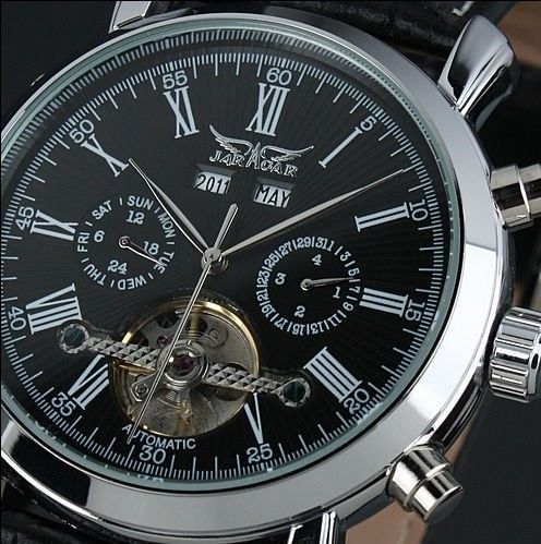 

new fashion luxury jaragar brand mechanical men watches Tourbillon automatic complete calendar dial genuine leather relogio, Black