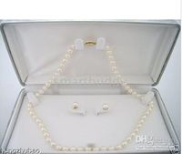 Fine Pearl Jewelry 8-9mm Akoya White Pearls Necklace Earrings 14K clasp
