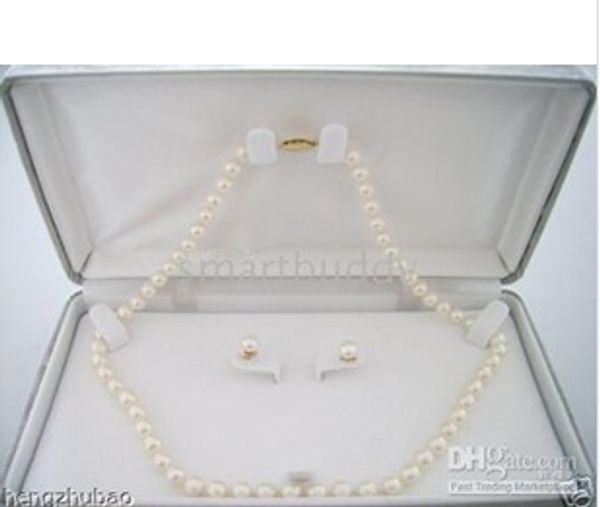 

Fine Pearl Jewelry 8-9mm Akoya White Pearls Necklace Earrings 14K clasp